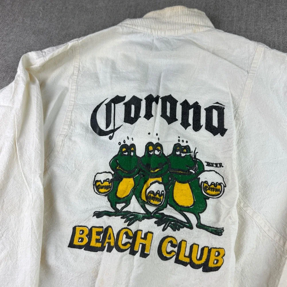 Vintage Corona Beach Club Jacket Mens Medium White Tijuana Beer Frogs Distressed